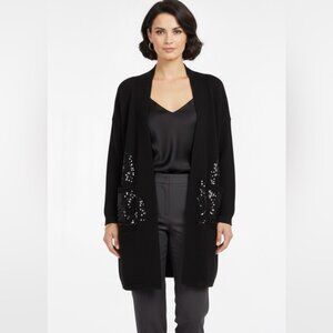 MONDI 100% Wool Cardigan Sweater Knit PocketSequins Shawl Collar Ribbed Black 10